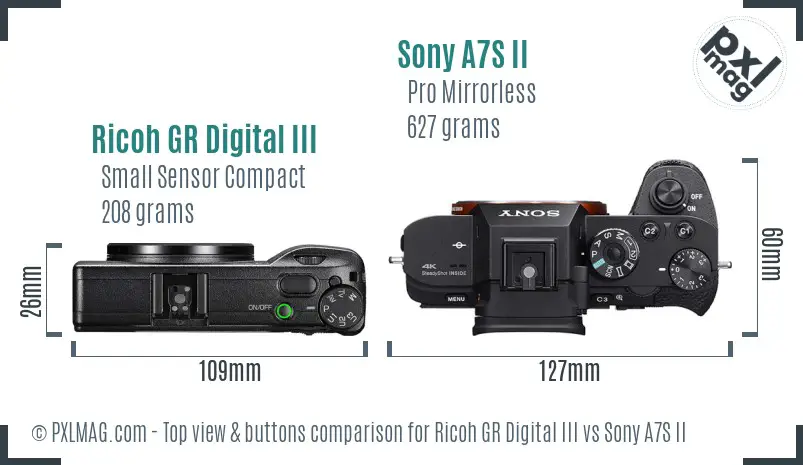 Ricoh GR Digital III vs Sony A7S II top view buttons comparison