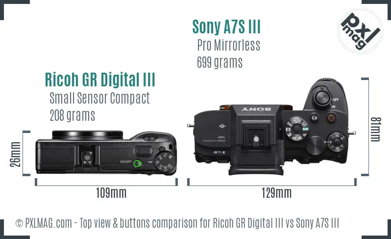 Ricoh GR Digital III vs Sony A7S III top view buttons comparison