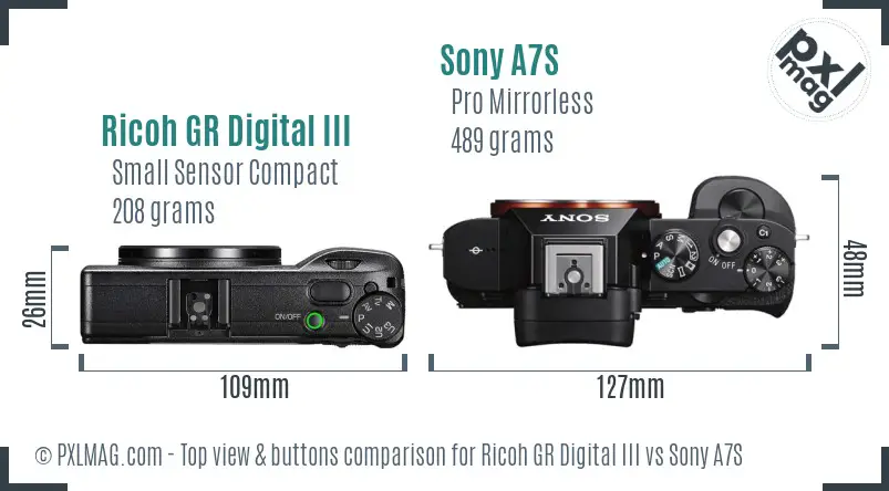 Ricoh GR Digital III vs Sony A7S top view buttons comparison