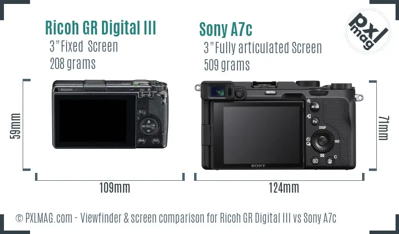 Ricoh GR Digital III vs Sony A7c Screen and Viewfinder comparison