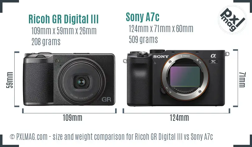 Ricoh GR Digital III vs Sony A7c size comparison