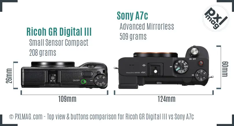 Ricoh GR Digital III vs Sony A7c top view buttons comparison