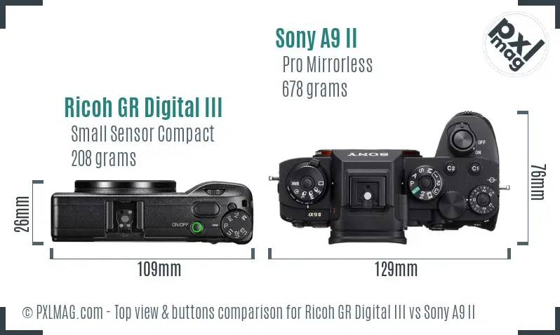 Ricoh GR Digital III vs Sony A9 II top view buttons comparison