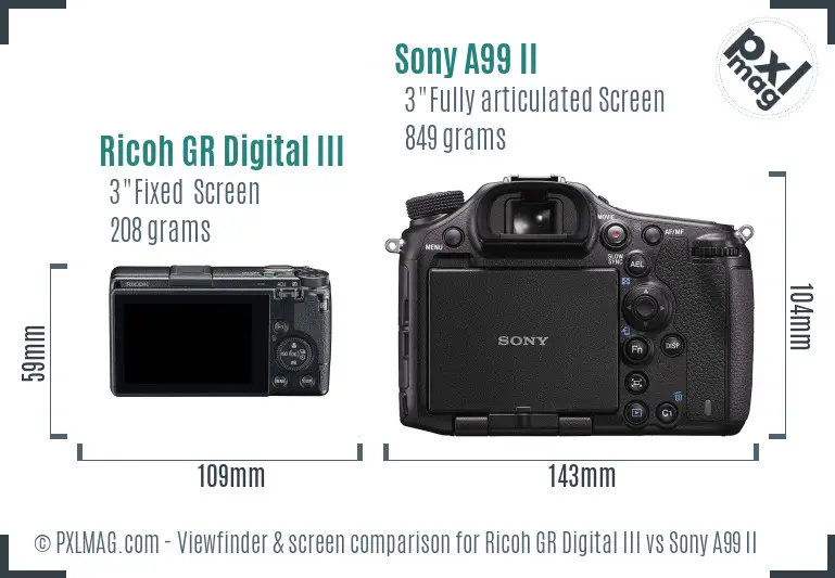 Ricoh GR Digital III vs Sony A99 II Screen and Viewfinder comparison