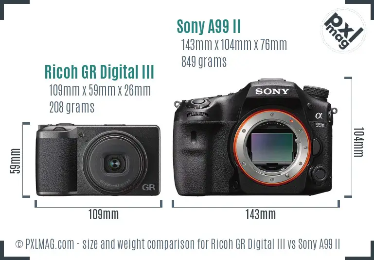 Ricoh GR Digital III vs Sony A99 II size comparison