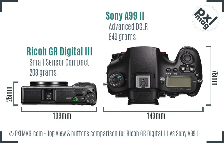 Ricoh GR Digital III vs Sony A99 II top view buttons comparison