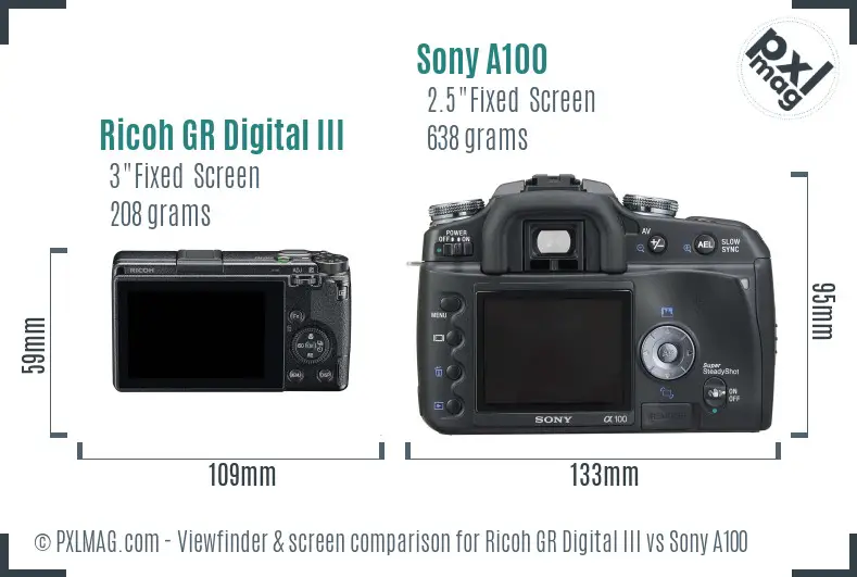 Ricoh GR Digital III vs Sony A100 Screen and Viewfinder comparison