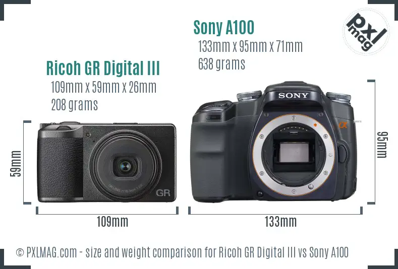 Ricoh GR Digital III vs Sony A100 size comparison