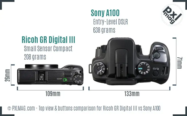 Ricoh GR Digital III vs Sony A100 top view buttons comparison