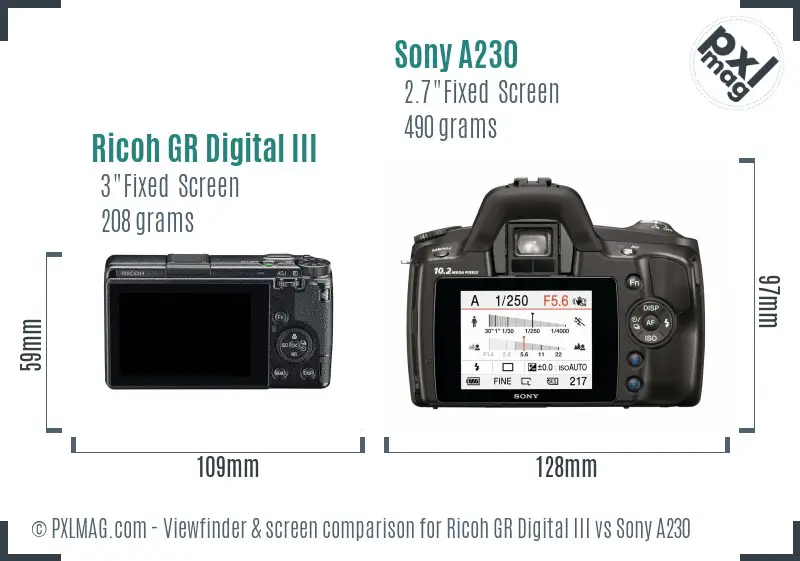 Ricoh GR Digital III vs Sony A230 Screen and Viewfinder comparison