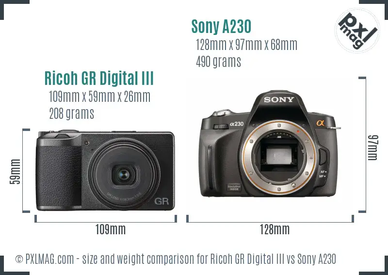 Ricoh GR Digital III vs Sony A230 size comparison