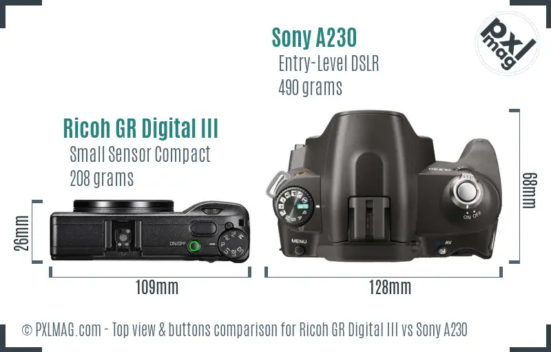 Ricoh GR Digital III vs Sony A230 top view buttons comparison