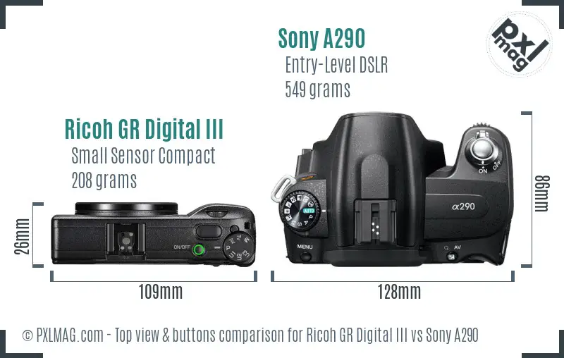 Ricoh GR Digital III vs Sony A290 top view buttons comparison