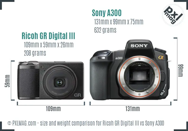 Ricoh GR Digital III vs Sony A300 size comparison