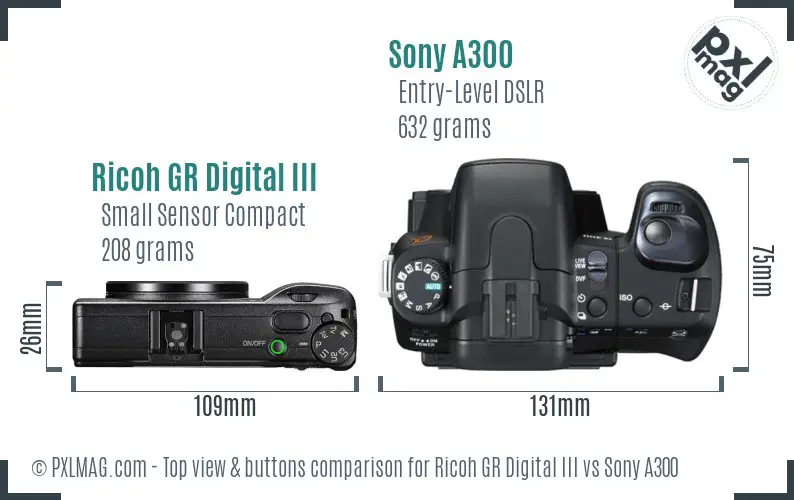 Ricoh GR Digital III vs Sony A300 top view buttons comparison