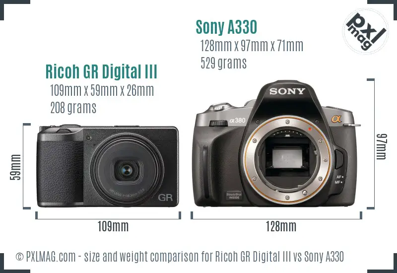 Ricoh GR Digital III vs Sony A330 size comparison