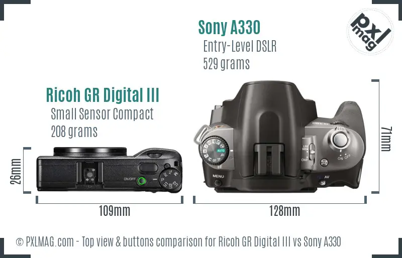 Ricoh GR Digital III vs Sony A330 top view buttons comparison