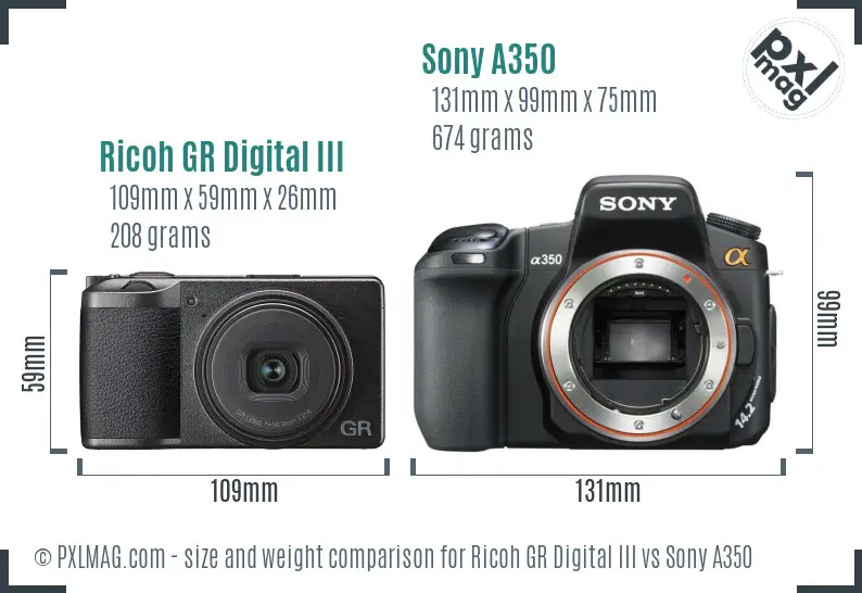 Ricoh GR Digital III vs Sony A350 size comparison