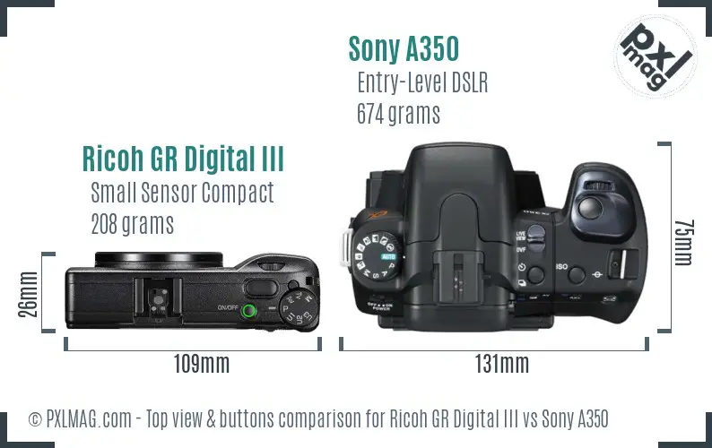 Ricoh GR Digital III vs Sony A350 top view buttons comparison