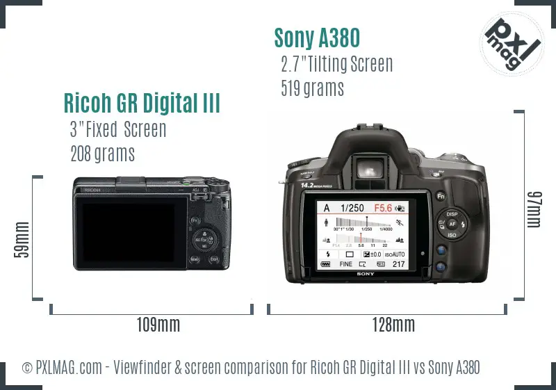 Ricoh GR Digital III vs Sony A380 Screen and Viewfinder comparison