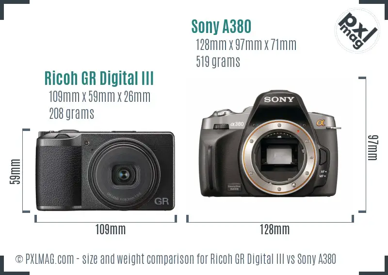 Ricoh GR Digital III vs Sony A380 size comparison