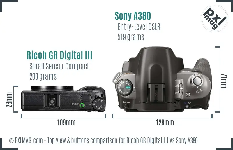 Ricoh GR Digital III vs Sony A380 top view buttons comparison