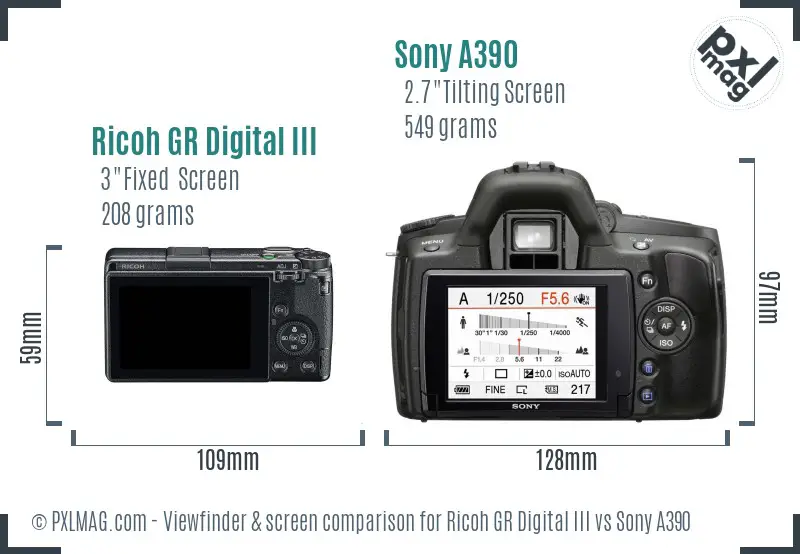 Ricoh GR Digital III vs Sony A390 Screen and Viewfinder comparison