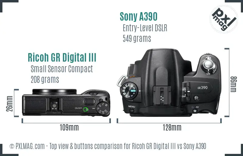 Ricoh GR Digital III vs Sony A390 top view buttons comparison