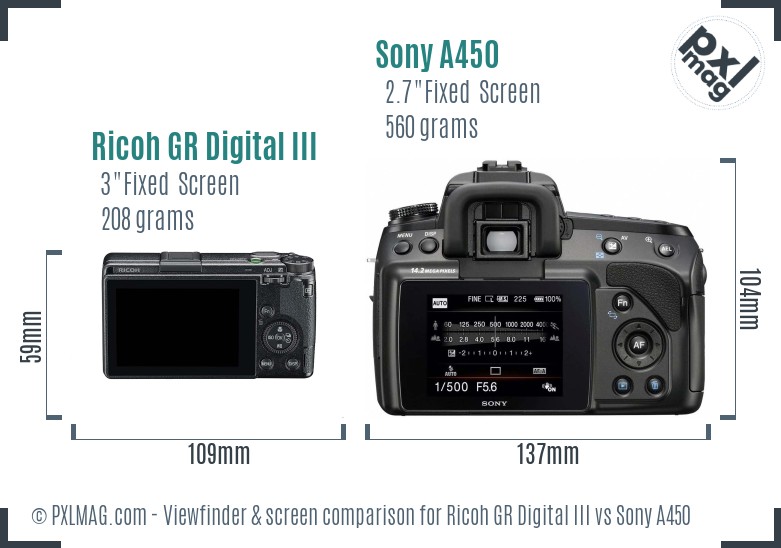 Ricoh GR Digital III vs Sony A450 Screen and Viewfinder comparison