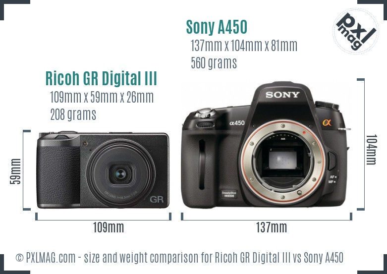 Ricoh GR Digital III vs Sony A450 size comparison