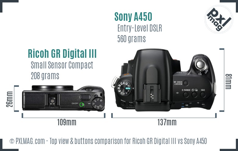 Ricoh GR Digital III vs Sony A450 top view buttons comparison