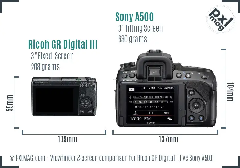 Ricoh GR Digital III vs Sony A500 Screen and Viewfinder comparison