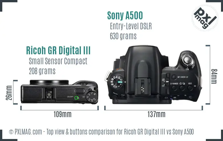 Ricoh GR Digital III vs Sony A500 top view buttons comparison