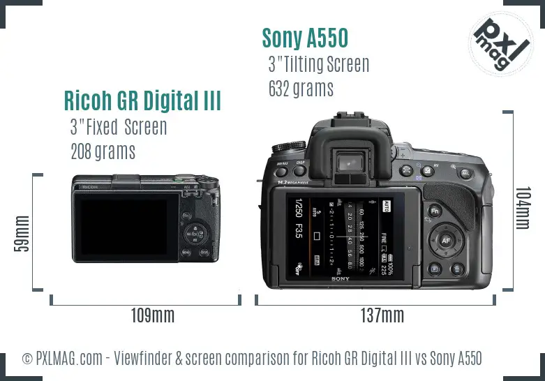 Ricoh GR Digital III vs Sony A550 Screen and Viewfinder comparison