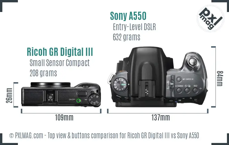 Ricoh GR Digital III vs Sony A550 top view buttons comparison