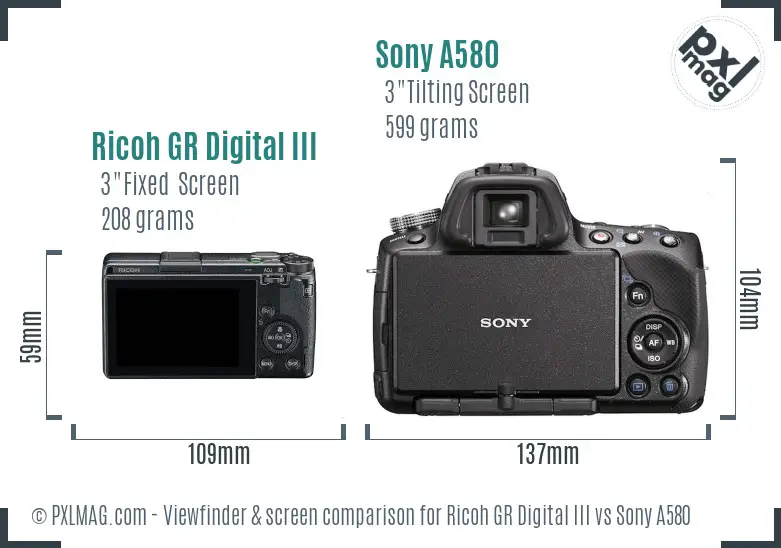 Ricoh GR Digital III vs Sony A580 Screen and Viewfinder comparison