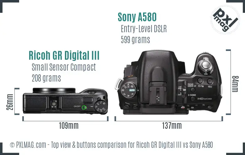 Ricoh GR Digital III vs Sony A580 top view buttons comparison