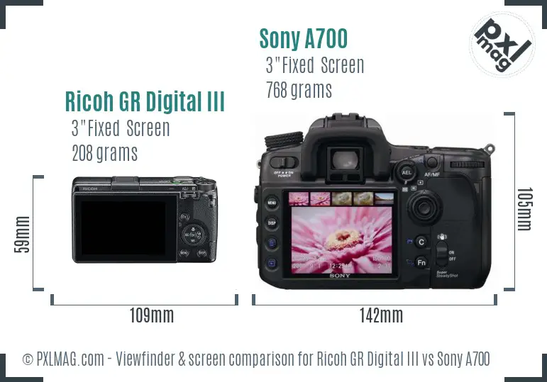 Ricoh GR Digital III vs Sony A700 Screen and Viewfinder comparison