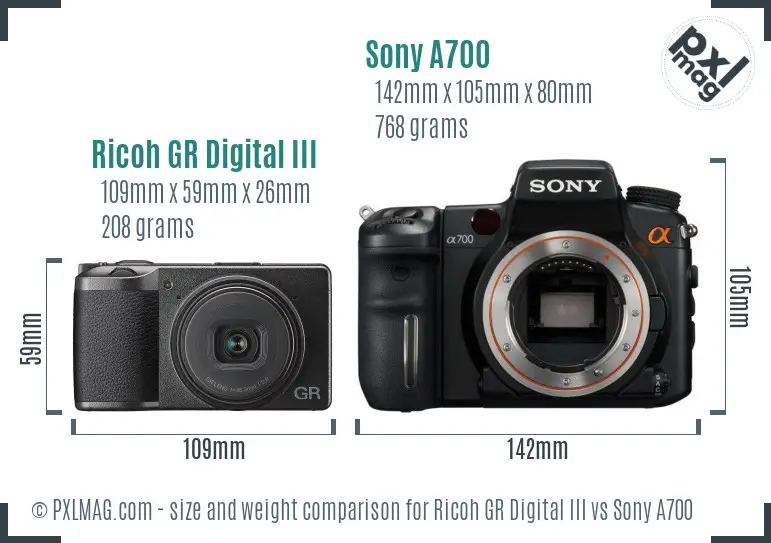 Ricoh GR Digital III vs Sony A700 size comparison