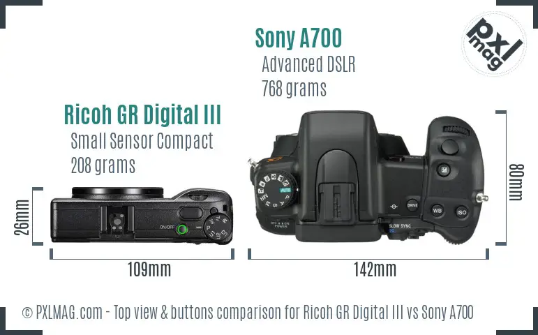 Ricoh GR Digital III vs Sony A700 top view buttons comparison