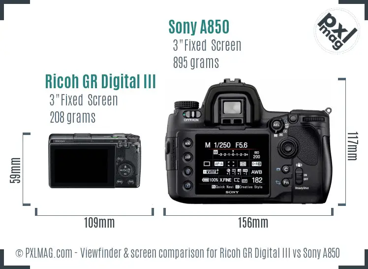 Ricoh GR Digital III vs Sony A850 Screen and Viewfinder comparison