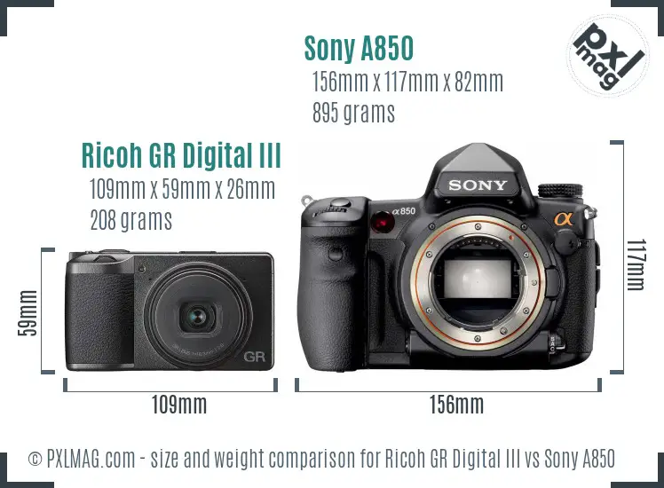 Ricoh GR Digital III vs Sony A850 size comparison