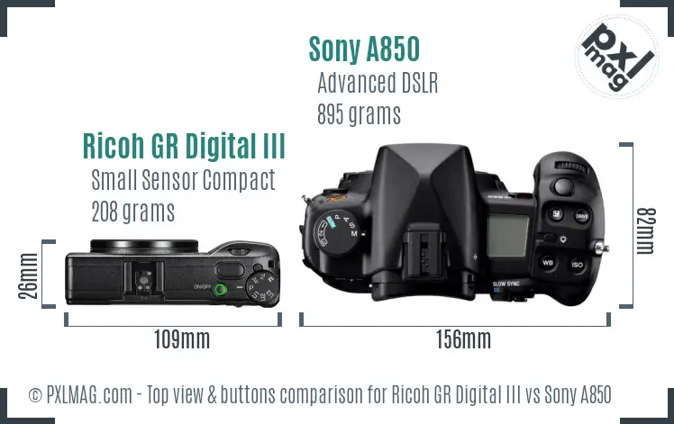 Ricoh GR Digital III vs Sony A850 top view buttons comparison