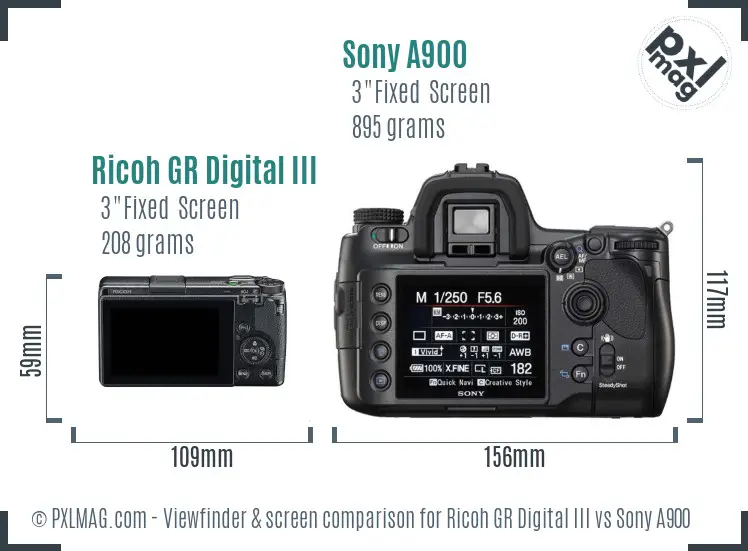 Ricoh GR Digital III vs Sony A900 Screen and Viewfinder comparison