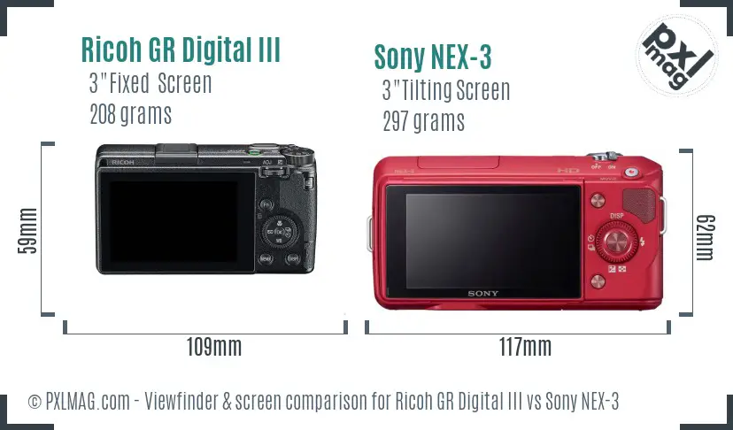 Ricoh GR Digital III vs Sony NEX-3 Screen and Viewfinder comparison