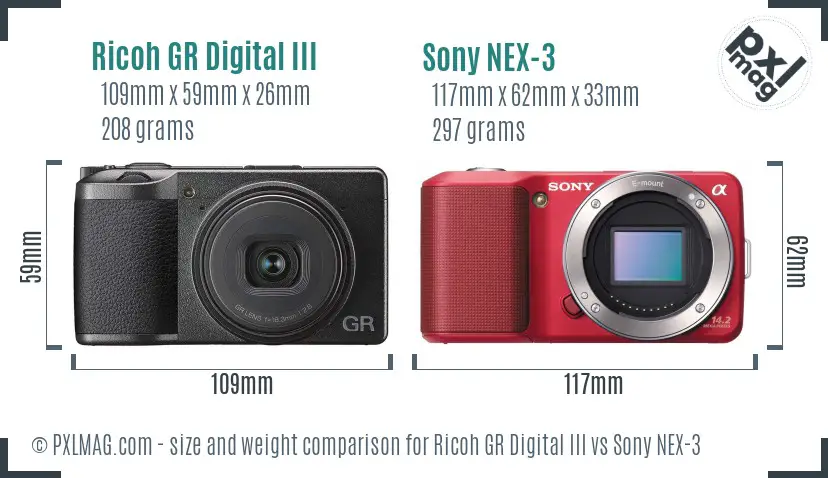 Ricoh GR Digital III vs Sony NEX-3 size comparison