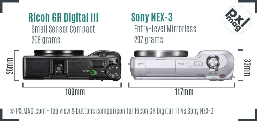 Ricoh GR Digital III vs Sony NEX-3 top view buttons comparison