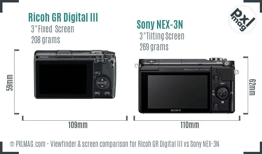 Ricoh GR Digital III vs Sony NEX-3N Screen and Viewfinder comparison