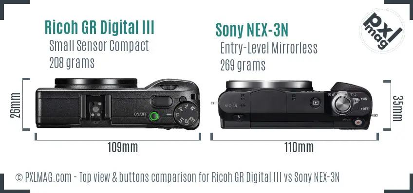 Ricoh GR Digital III vs Sony NEX-3N top view buttons comparison