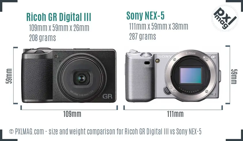 Ricoh GR Digital III vs Sony NEX-5 size comparison